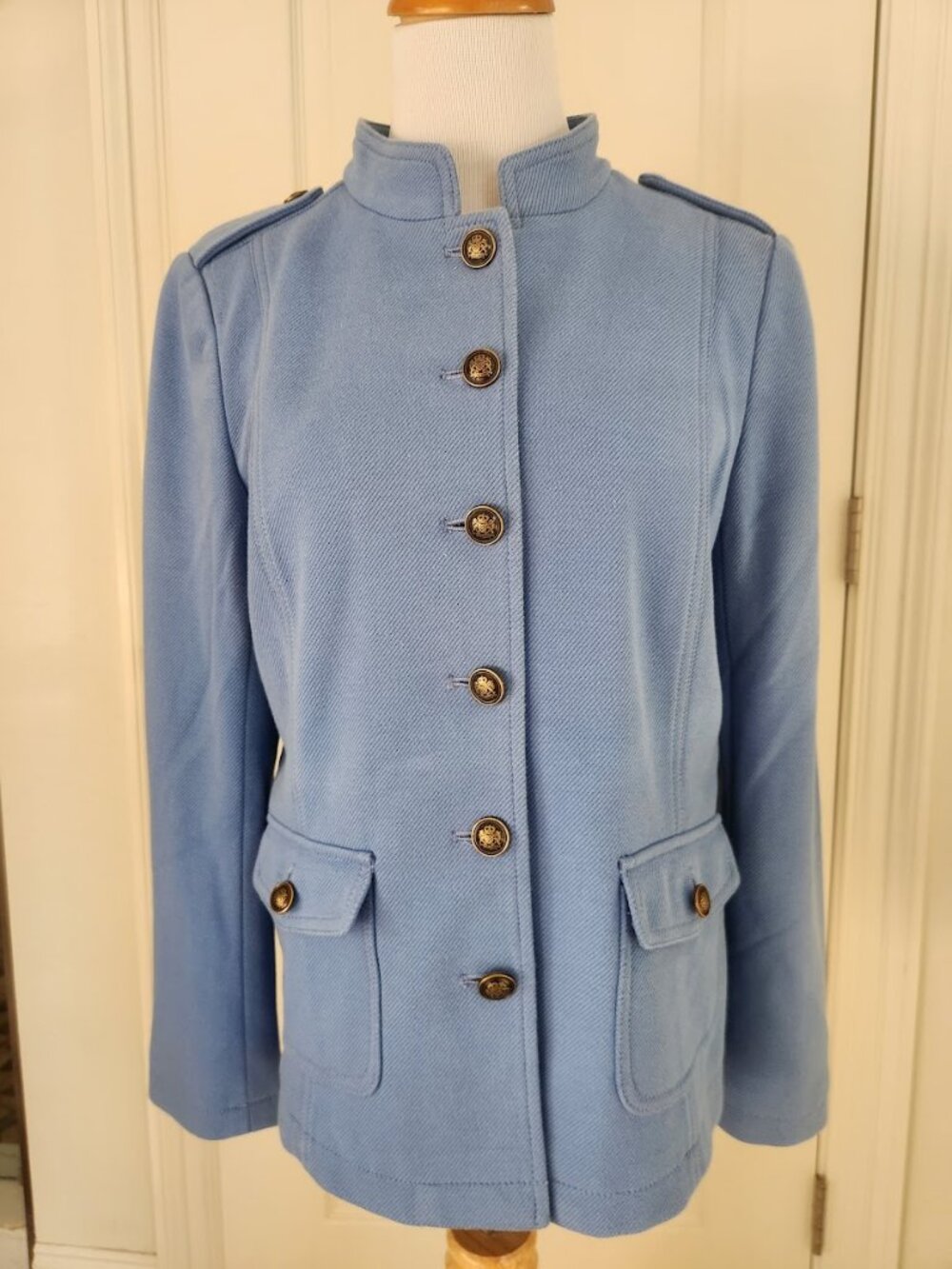 Talbots Jacket 10 Blue Military Crest Gold Button Epaulette Preppy Nautical